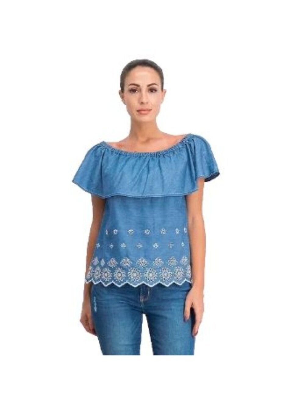 Old Navy Women Chambray Blue Embroidered Top Boho Peasant Eyelet Y2K Festival XL
